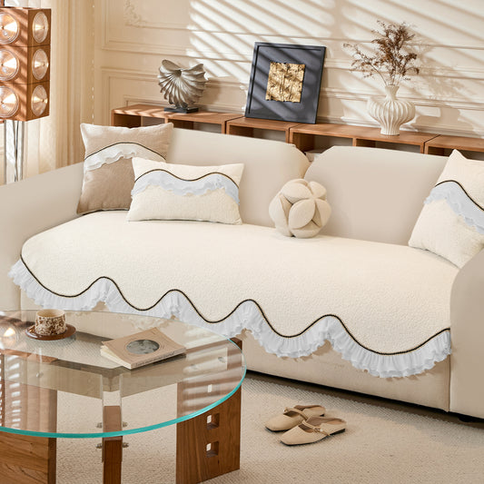 French Classic Frill Wavy Sofa Cover Mat with Curve & Lace - Snow White Ivory