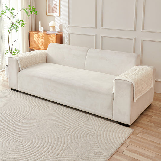 'Italian Caelora' Luxury Jacquard Plush Sofa Cover Mat and Anti-Slip Armrest Covers - Pearl Whit