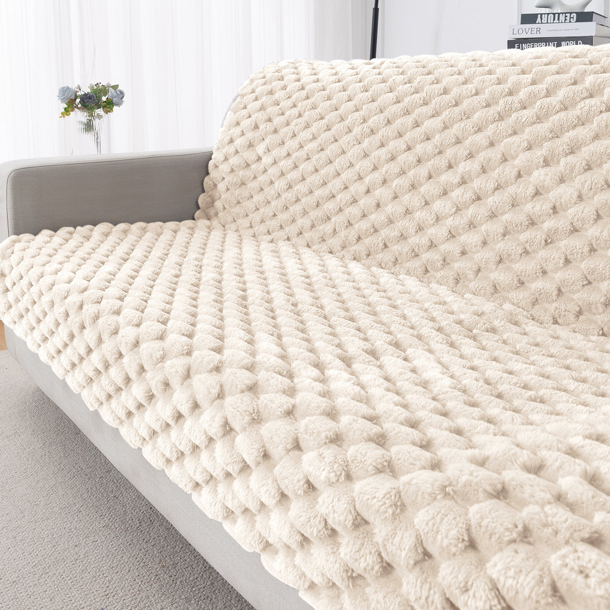 'BunnySoft Series' Plush Sofa Cover Throw for Sofa Seat & Back, Cream