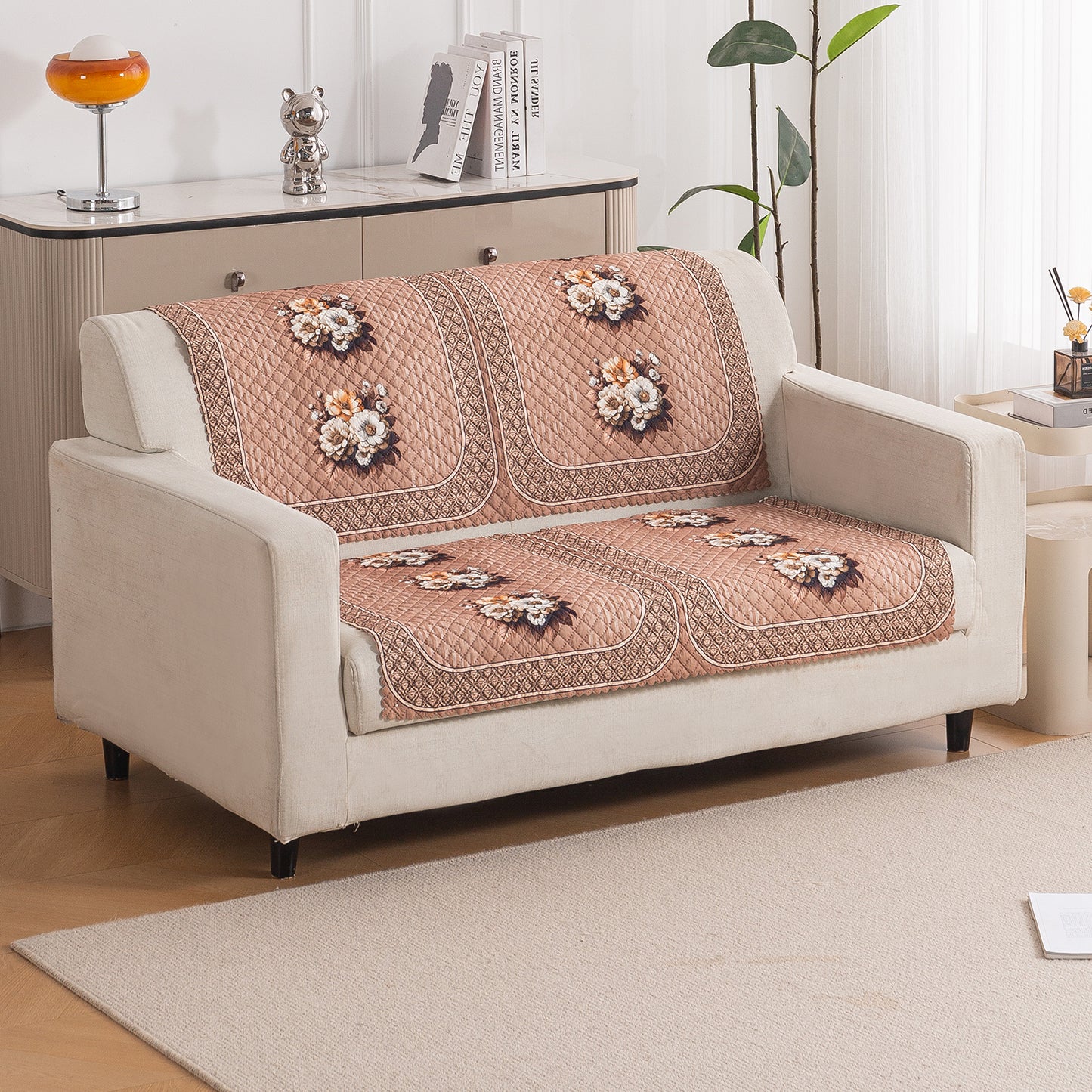 LoomVerse Quilted Sofa Cover Set Washable Sofa Panel for Seat & Back - Vintage Rosette