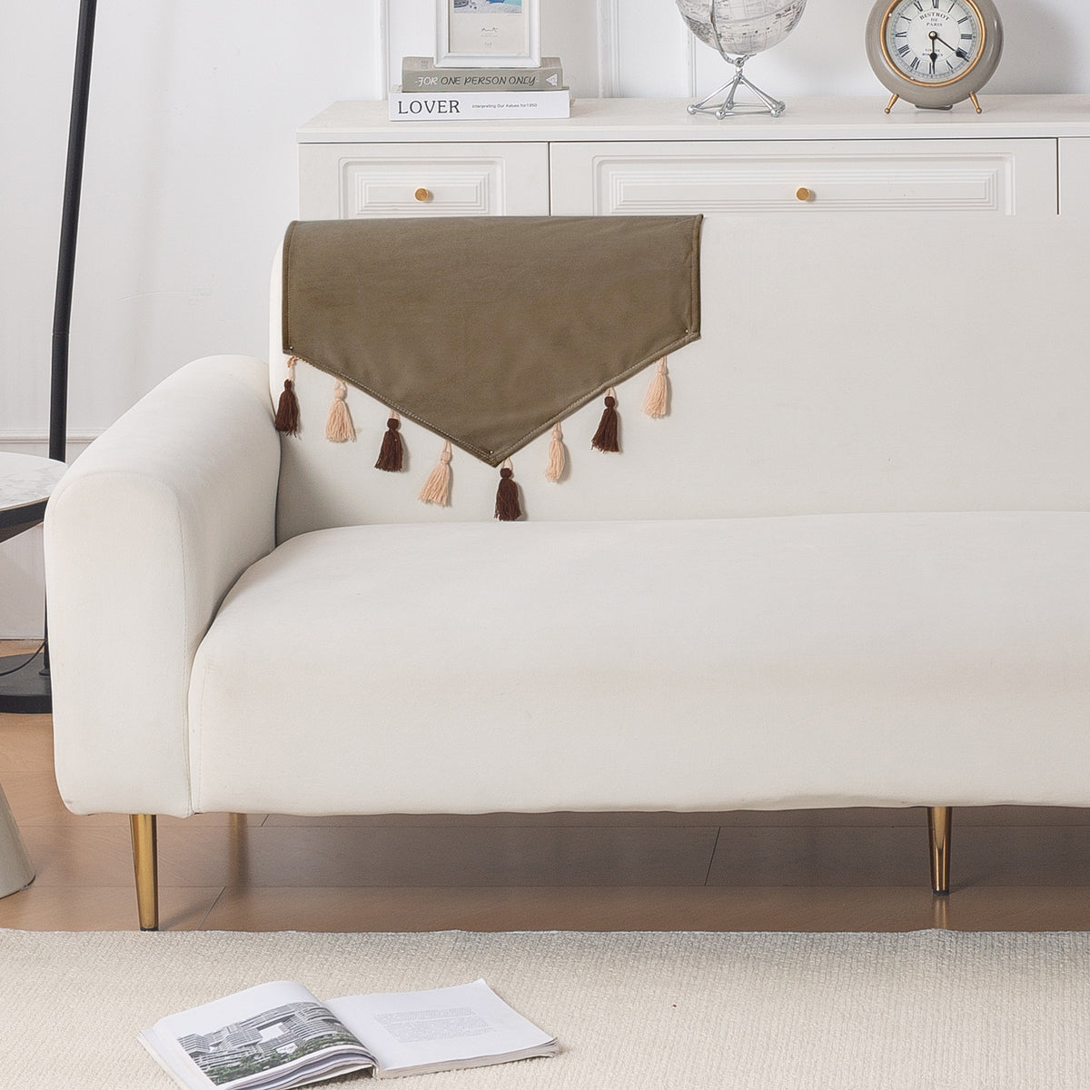 Tassel Tone Holland Velvet Sofa Cover Mat, Coffee Brown