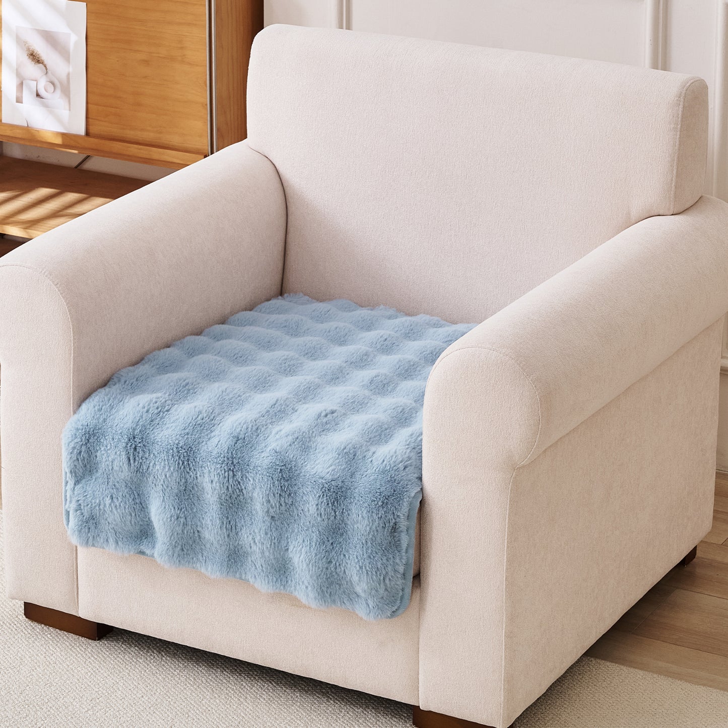 'FurHug' Premium Faux Rabbit Fur Sofa Seat Mats, Charm Blue