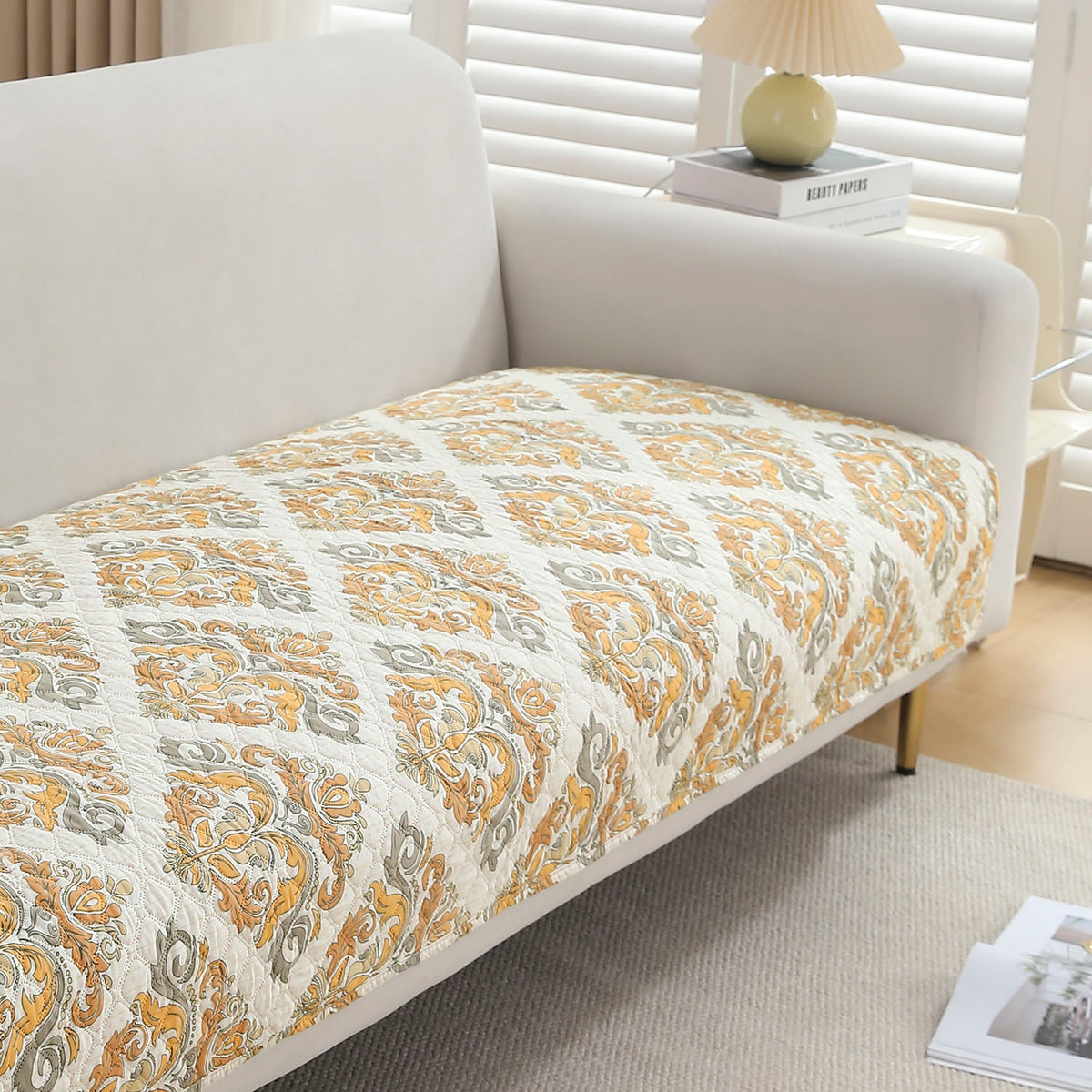 'Viva Casa' Polyester Printed Quilted Sofa Cover Mats, Damask Beige
