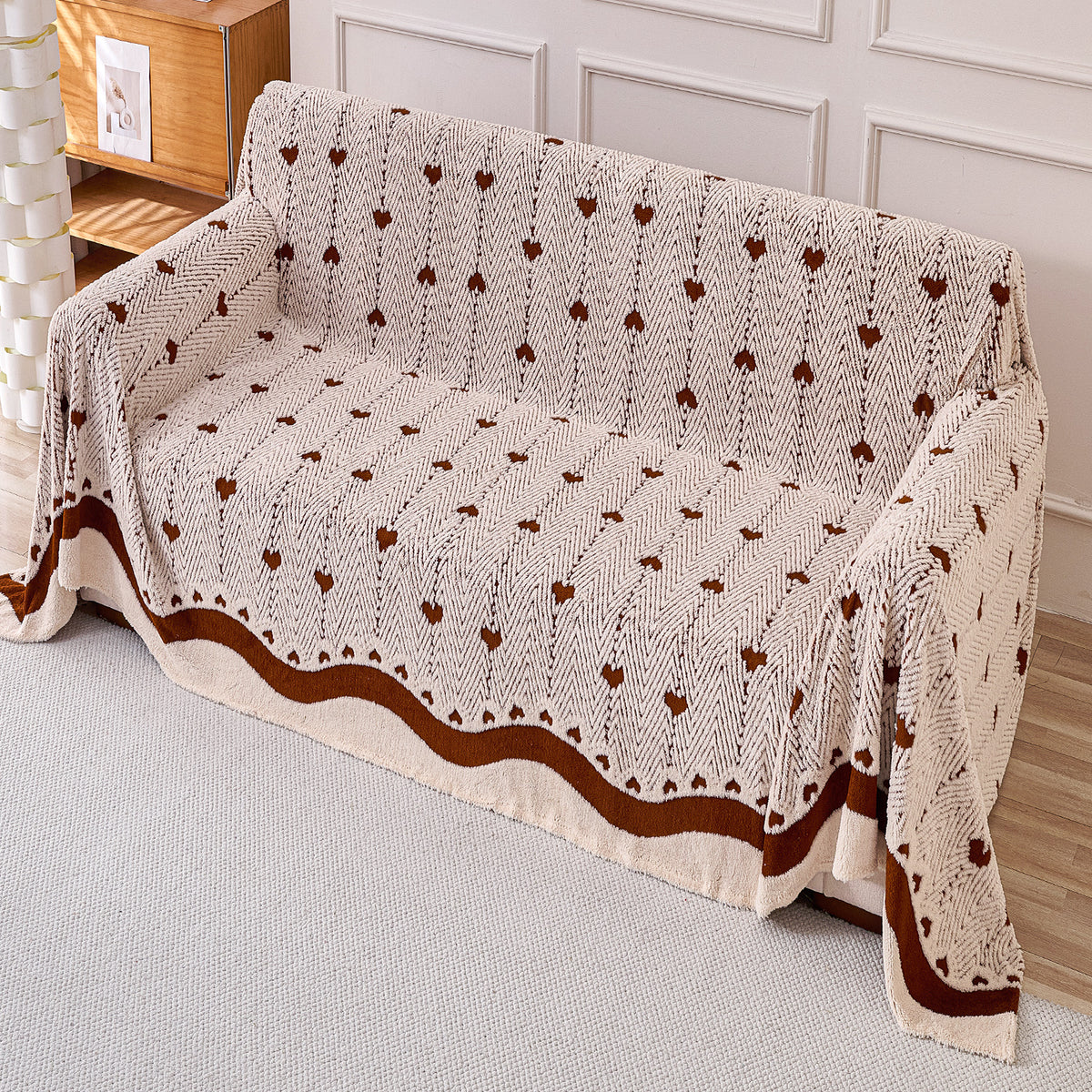 'Cozy Heart Series' Luxury Plush Sofa Cover Throw, Mocha Cream