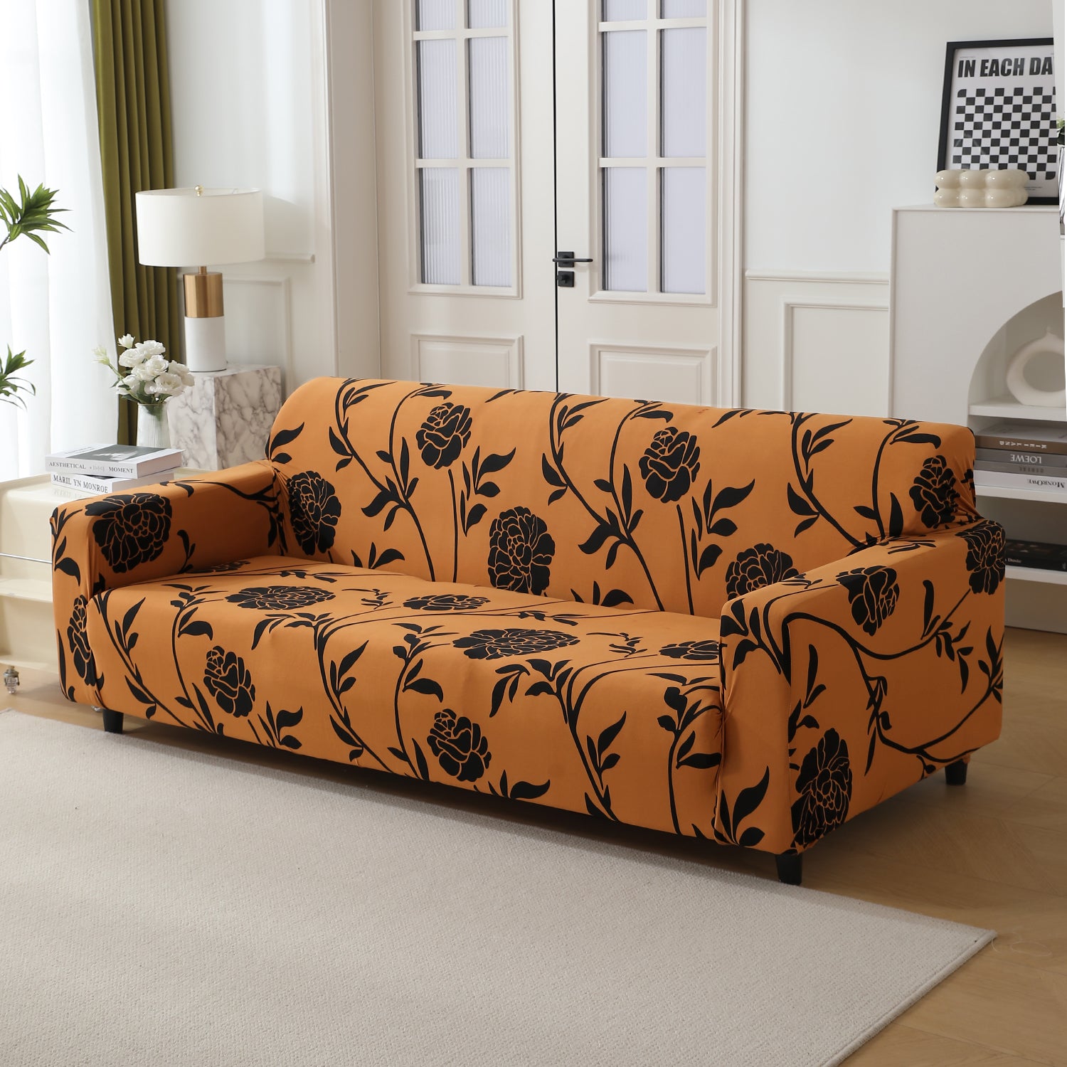 Copper Brown Floral Printed non slip elastic 3 seater sofa cover