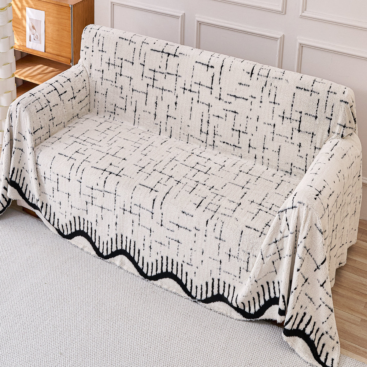 Buy Off-White Colour Supple Soft Wavy Plush Sofa Throw for Complete Sofa | HOKIPO