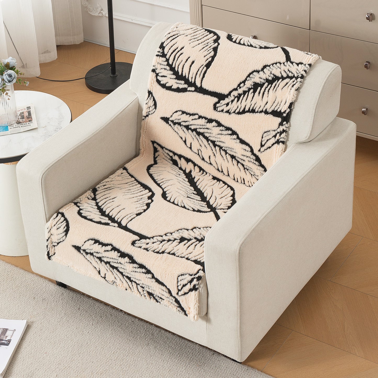 'Noirea Series' Plush Sofa Cover for Seat & Back, Botanical Leaf