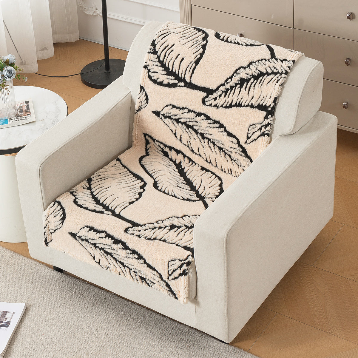 'Noirea Series' Plush Sofa Cover for Seat & Back, Botanical Leaf