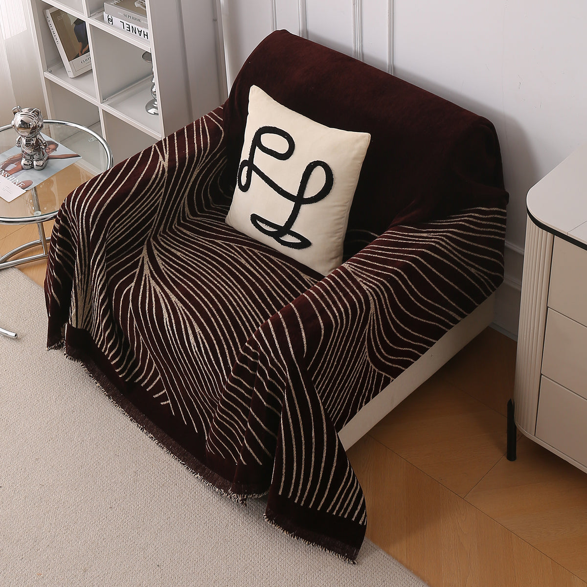 Buy Dark Coffee Colour WaveLoom Chenille Single Seater Sofa Throw | HOKIPO