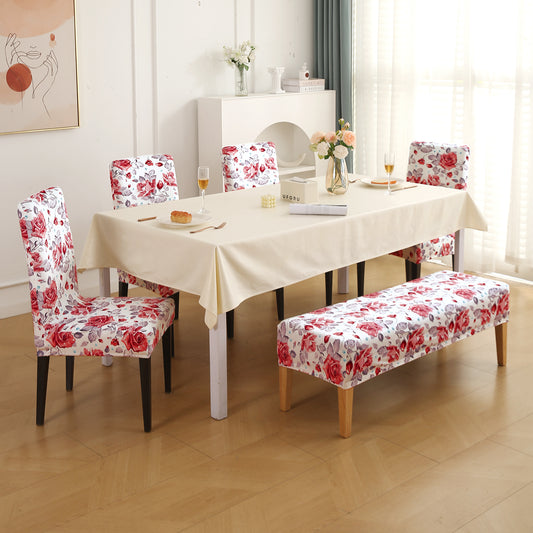 Premium Velvet Cover Set for 4 Dining Chairs + 1 Dining Bench, Red Cottage Rose