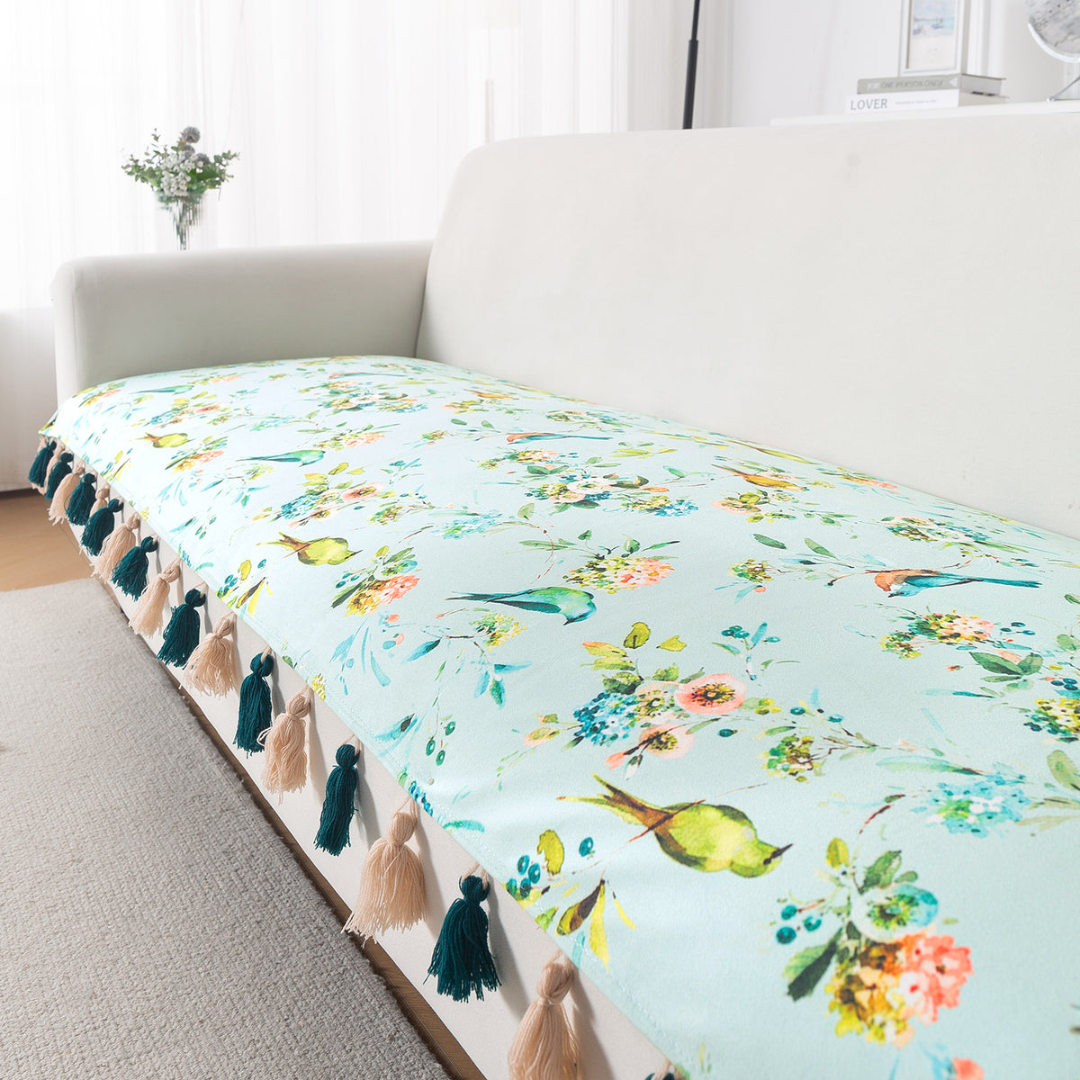 'Whispers of Nature' Series Holland Velvet Sofa Mat with Tassel, Mint Birdsong Blossom