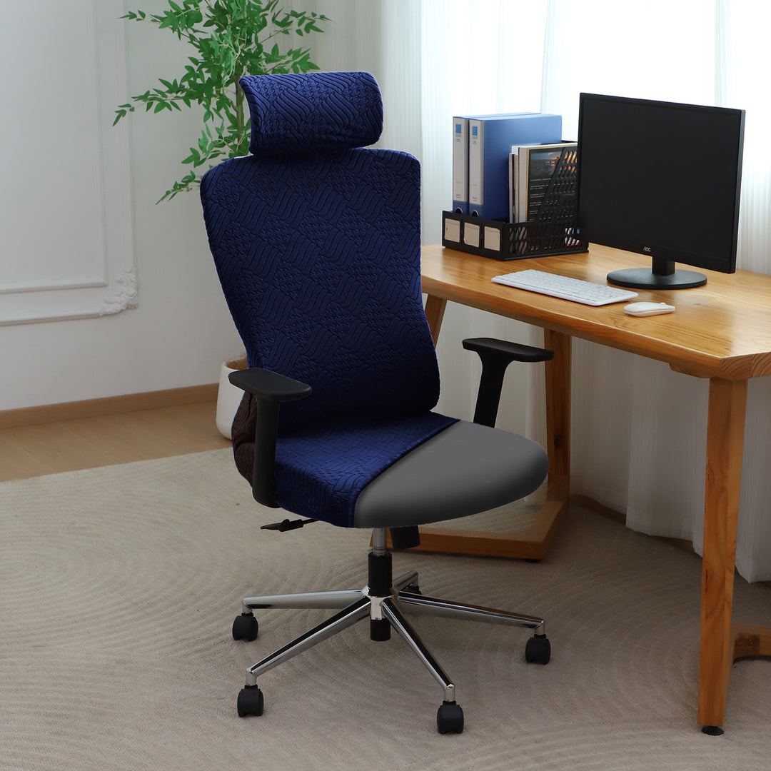 Office Chair Cover with Headrest (High-Back) – 170 GSM Stretch Jacquard –  Washable, Anti-Slip Fit for Ergonomic Mesh Office Chairs, Navy Blue