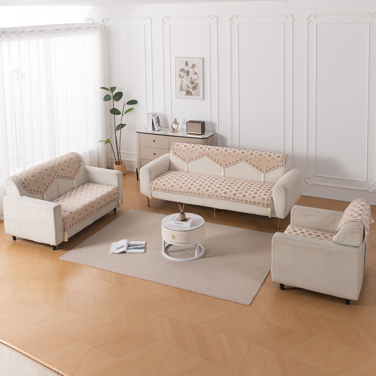 Heritage Weave Premium Jacquard Sofa Cover Set with Tassels - Sandy Beige
