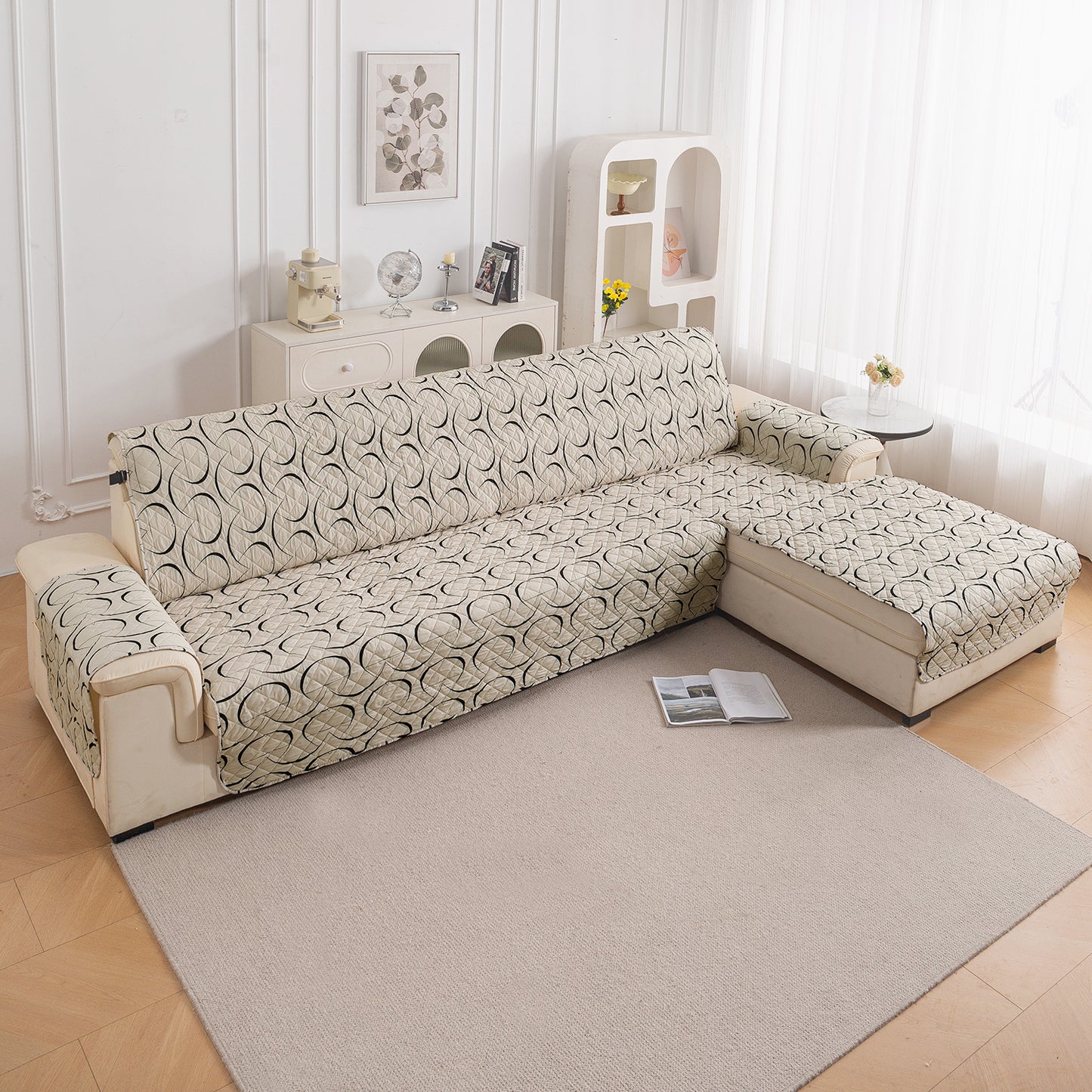 Elira Series Quilted One-Piece L Shape Sofa Cover Mat with Left and Right Chaise, Natural Beige Abstract Art