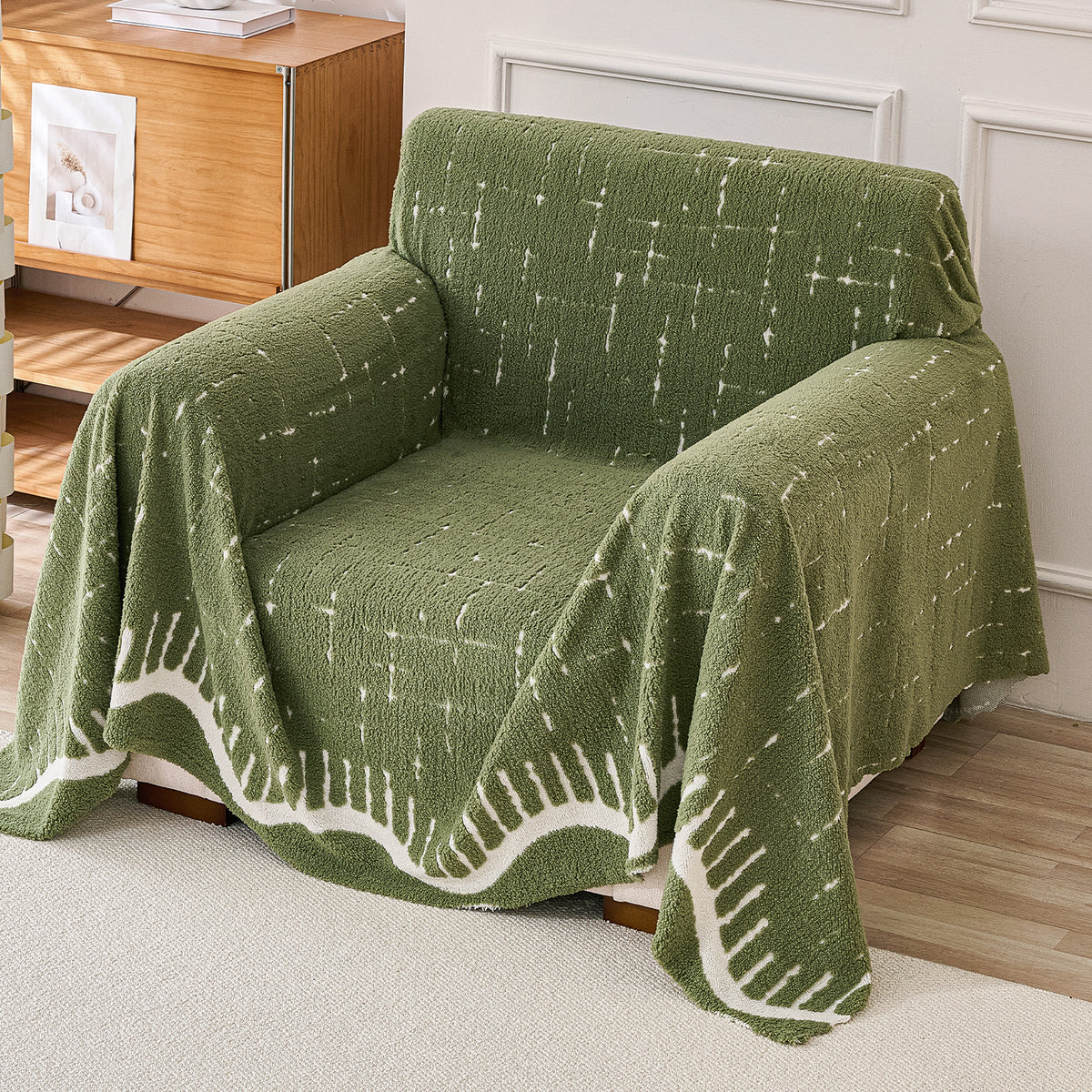Buy Green Colour Supple Soft Wavy Plush Sofa Throw Cover | HOKIPO 