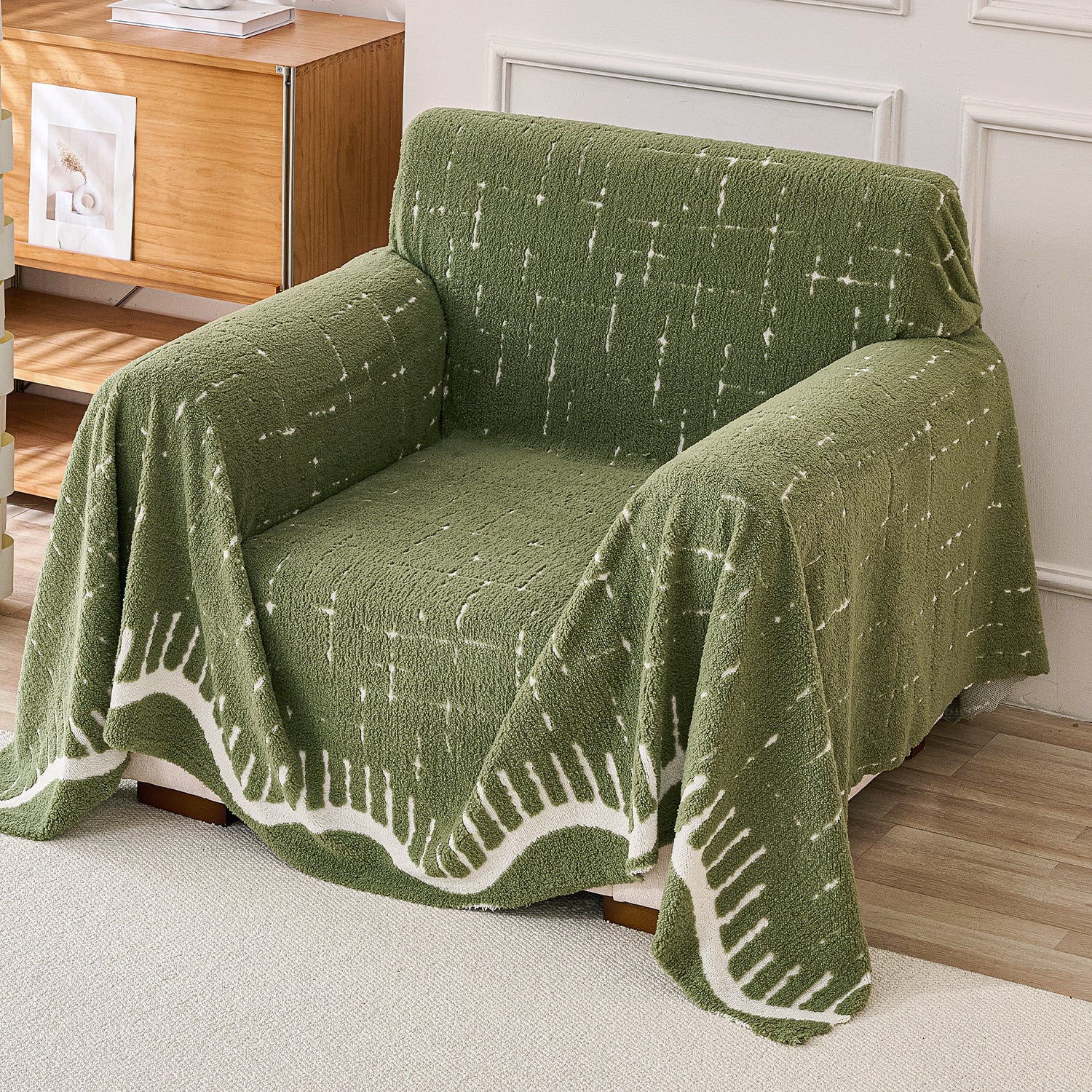 Buy Green Colour Supple Soft Wavy Plush Sofa Throw Cover | HOKIPO 