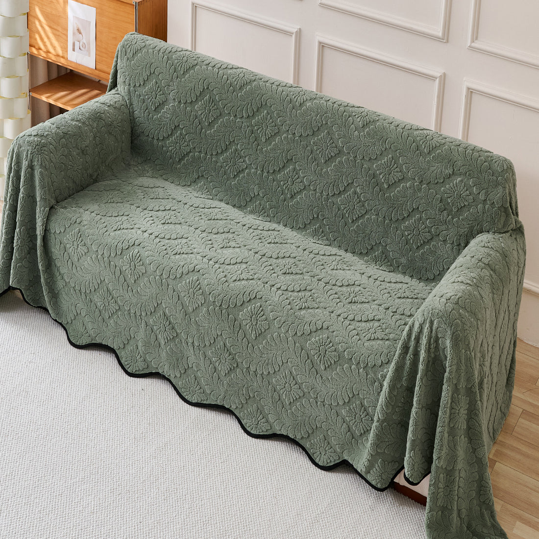 Buy Sage Green Colour Wavy Petal Crest Series Plush Sofa Throw for Complete Sofa | HOKIPO