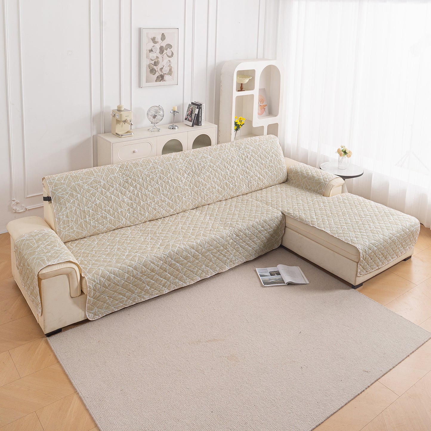 Elira Series Quilted One-Piece L Shape Sofa Cover Mat with Left and Right Chaise, Beige Abstract Geometry
