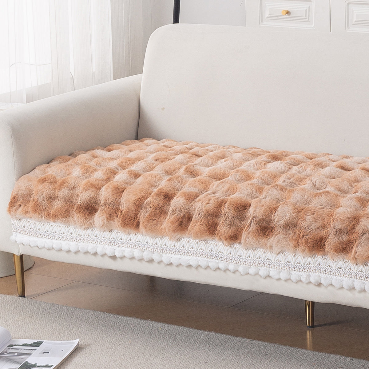 Faux Rabbit Fur Sofa Cover with Lace |Gradient Rabbit Plush, Brown