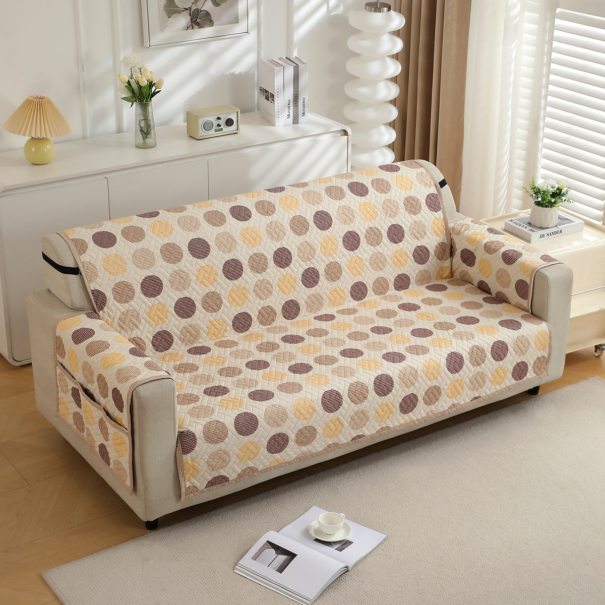 Brown Polka Dot Printed quilted three seater sofa cover with armrest and side pockets