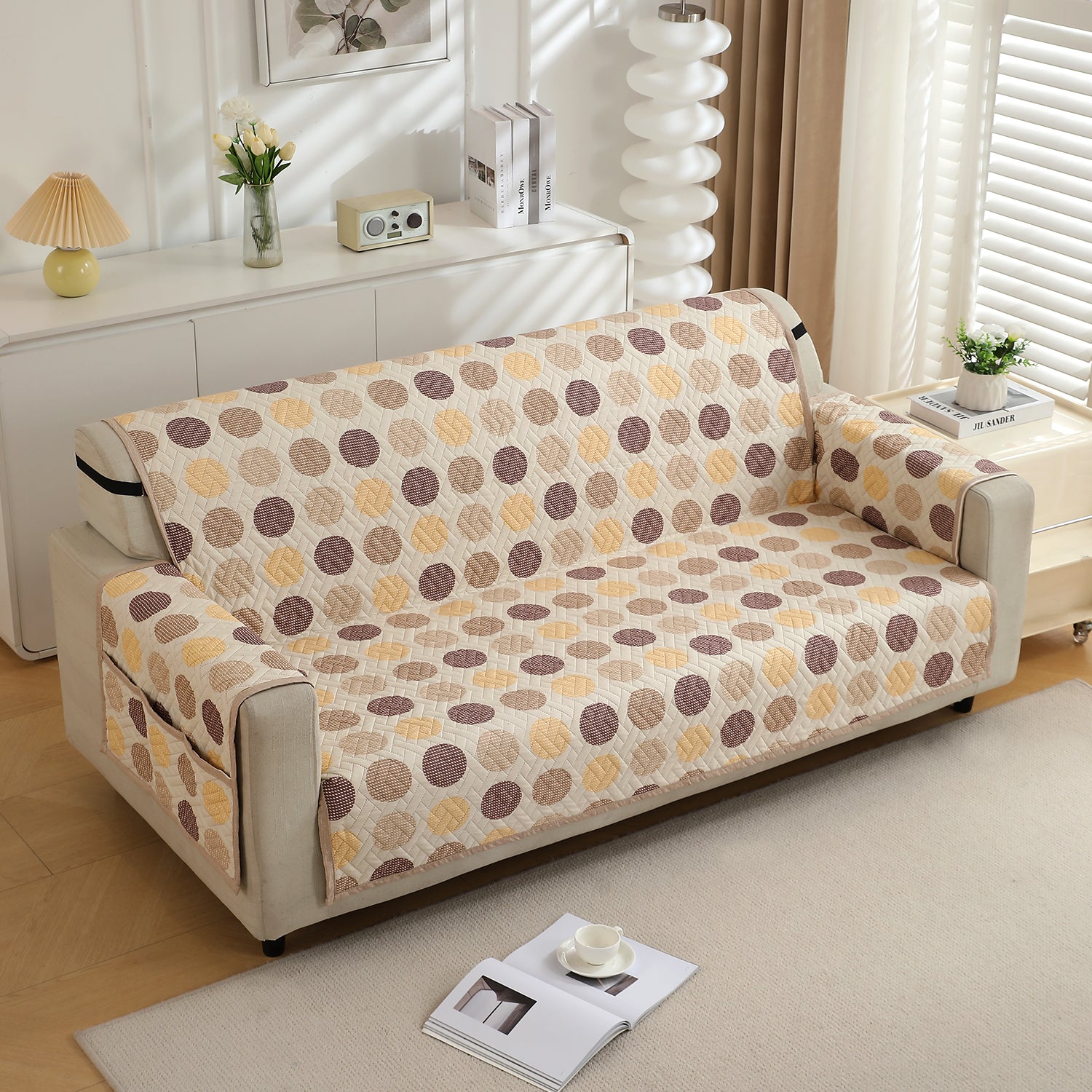 Brown Polka Dot Printed quilted three seater sofa cover with armrest and side pockets