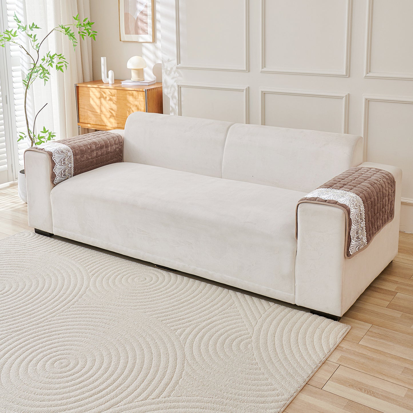 BelleLace Series Imperial Milk Velvet Sofa Cover Mat with Lace Design - Mocha Brown