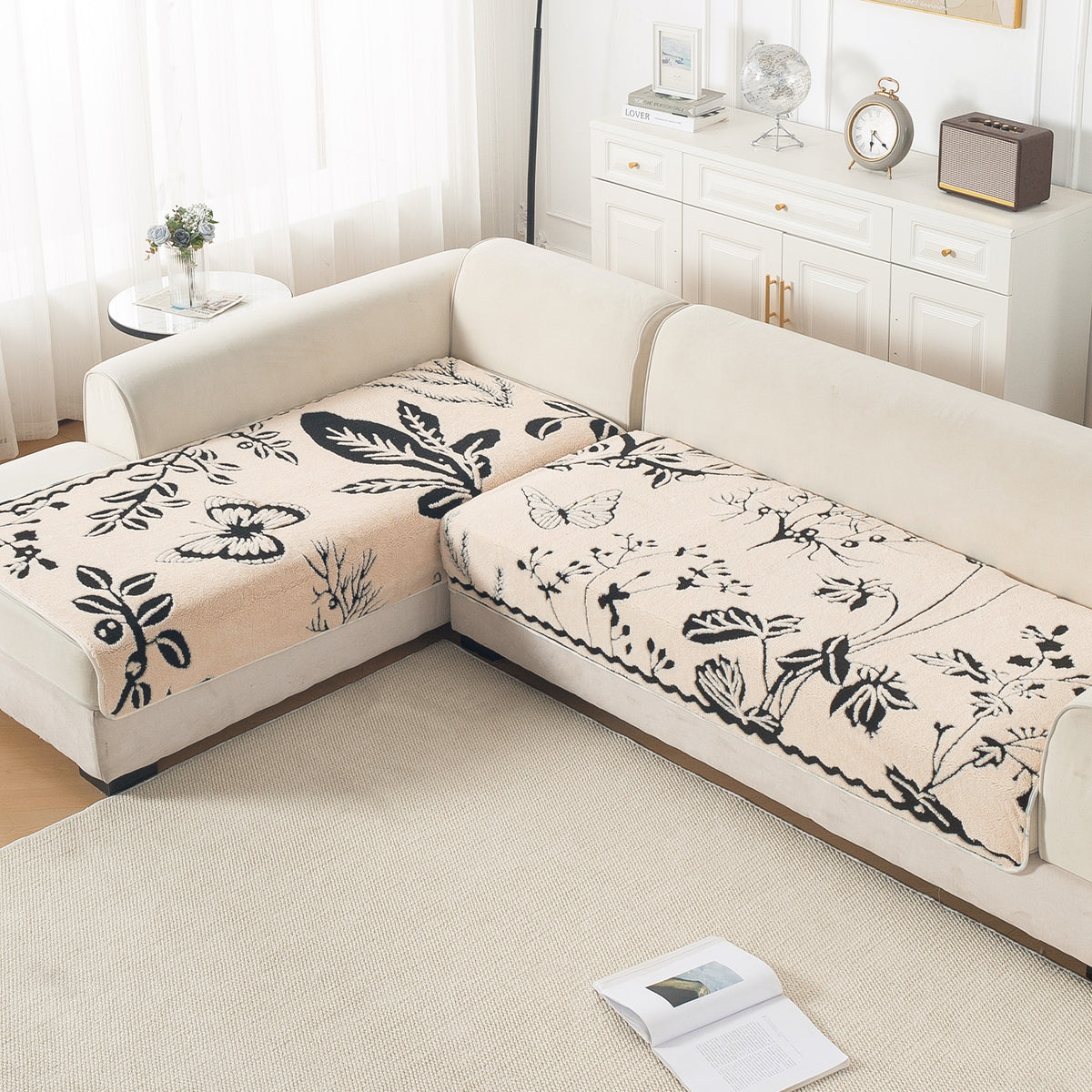 Luxury Plush Sherpa Anti Slip Combination Sofa Mat, 'Noirea Series'|Butterfly Garden