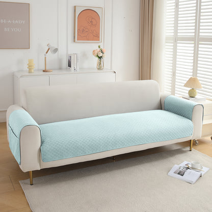 Quilted Sofa Cover Set with Seat Mat and Armrest Covers with Pockets, Light Sky Blue