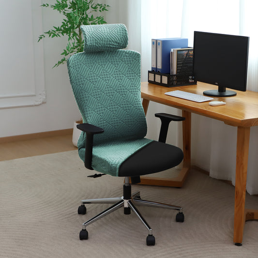 Office Chair Cover with Headrest (High-Back) – 170 GSM Stretch Jacquard – Washable, Anti-Slip Fit for Ergonomic Mesh Office Chairs, Green