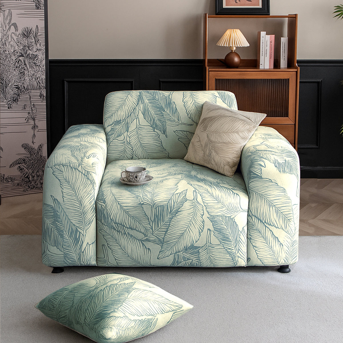 Buy creamish pale green colour dual tone series knitting jacquard single seater sofa cover​