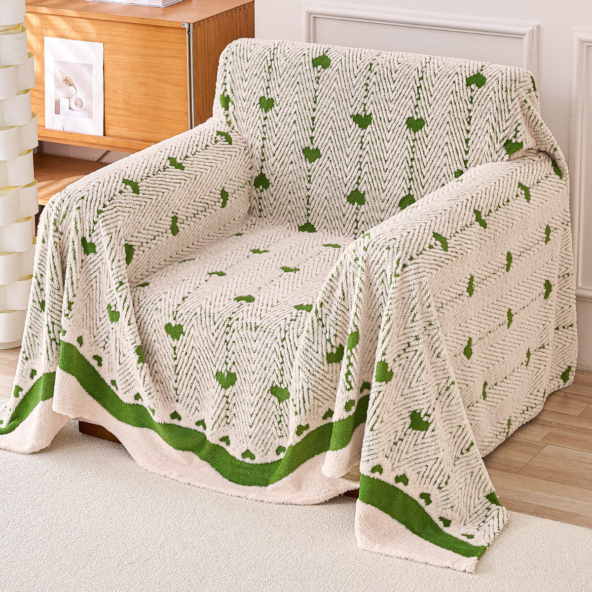 Buy Forest Cream Colour Cozy Heart Series Luxury Plush Sofa Throw | HOKIPO