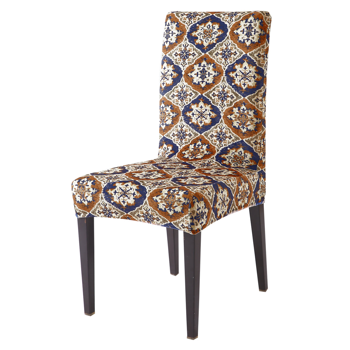 Premium Printed Velvet Dining Chair Cover Set, Indigo Moroccan Charm