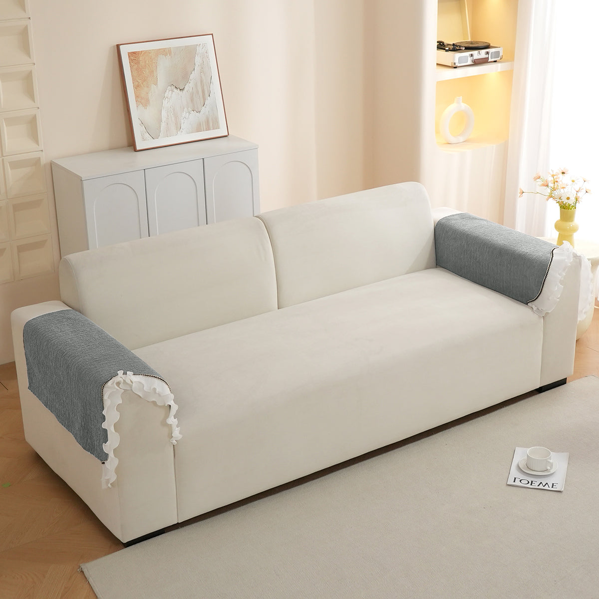 French Classic Frill Wavy Sofa Cover Mat, Moonstone Grey