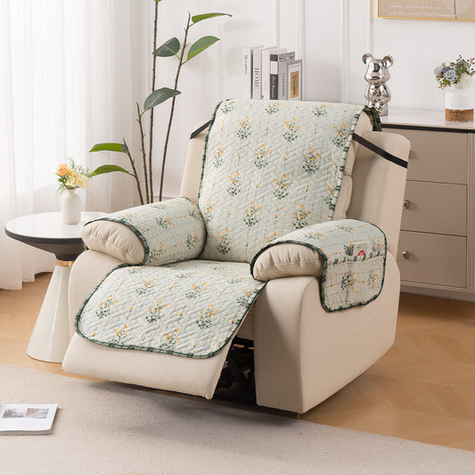 Quilted Cover for Recliner Sofa with SecureFit Belt & Side Pocket, Light Green Ash Gypsy Flower