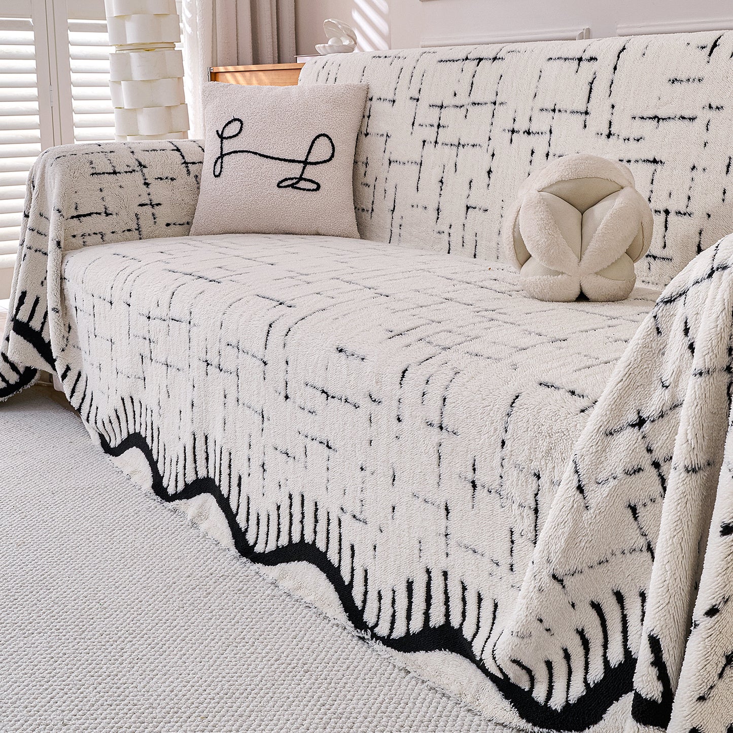 Buy Off-White Colour Supple Soft Wavy Plush Sofa Cover – 3 Seater Sofas | HOKIPO