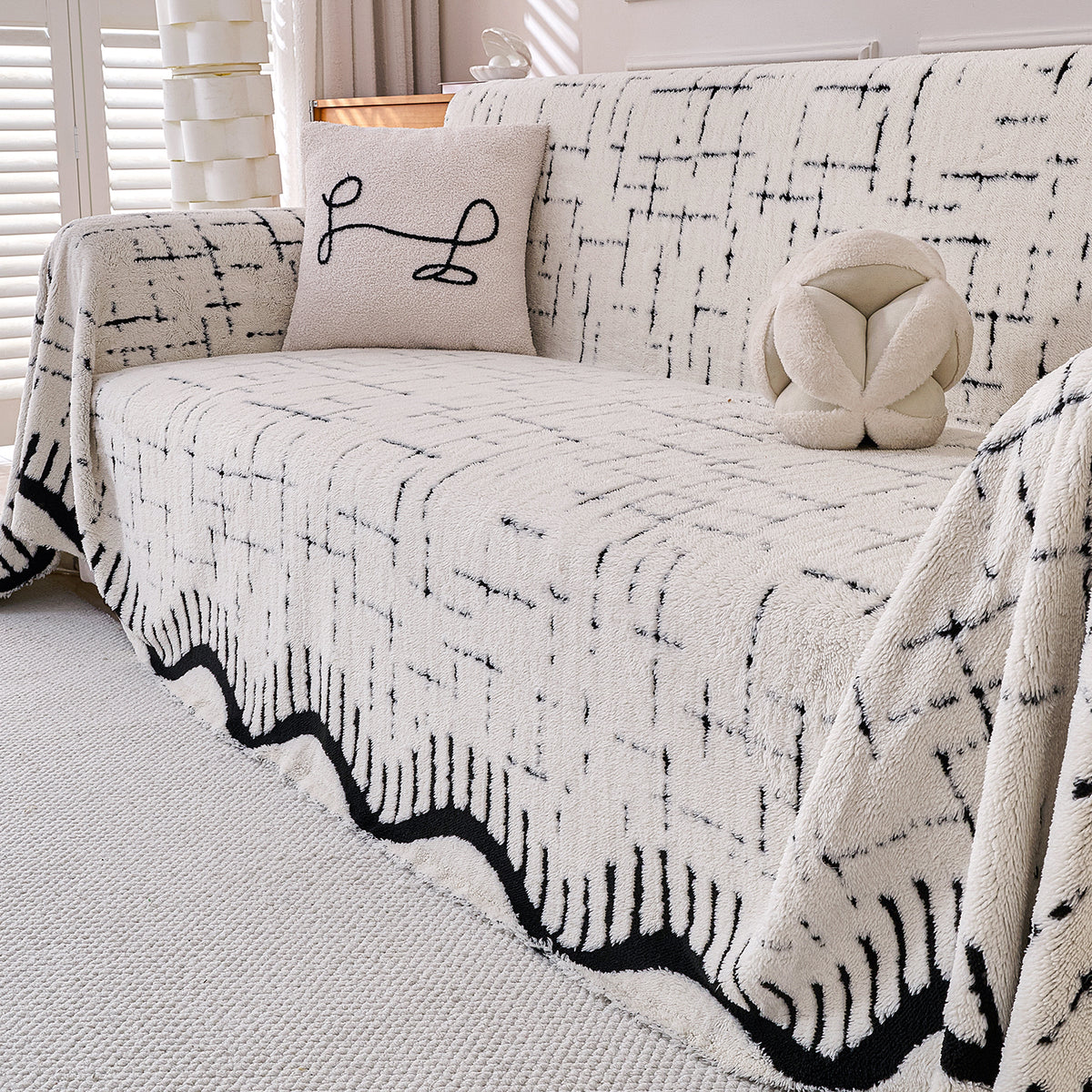 Buy Off-White Colour Supple Soft Wavy Plush Sofa Cover – 3 Seater Sofas | HOKIPO