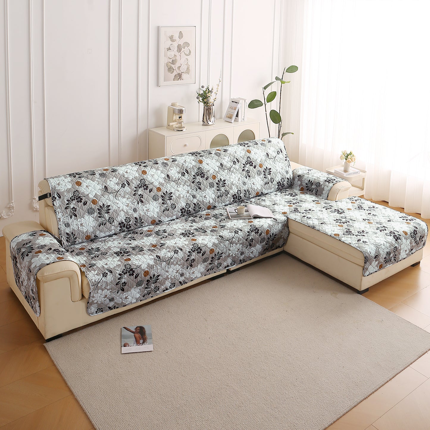 Elira Series Quilted One-Piece L Shape Sofa Cover Mat with Left and Right Chaise, Feather Brown Floral