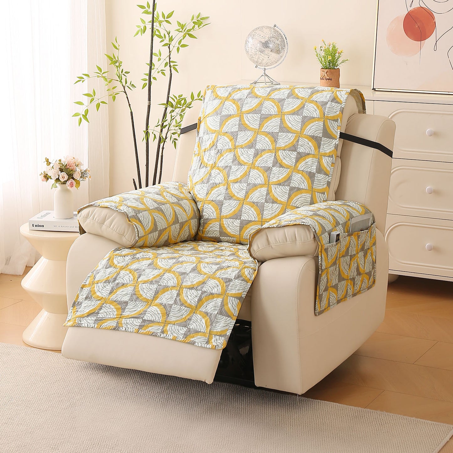 Quilted Printed Recliner Mats for 1 Seater Recliner Sofa, Windmill Cyber Yellow