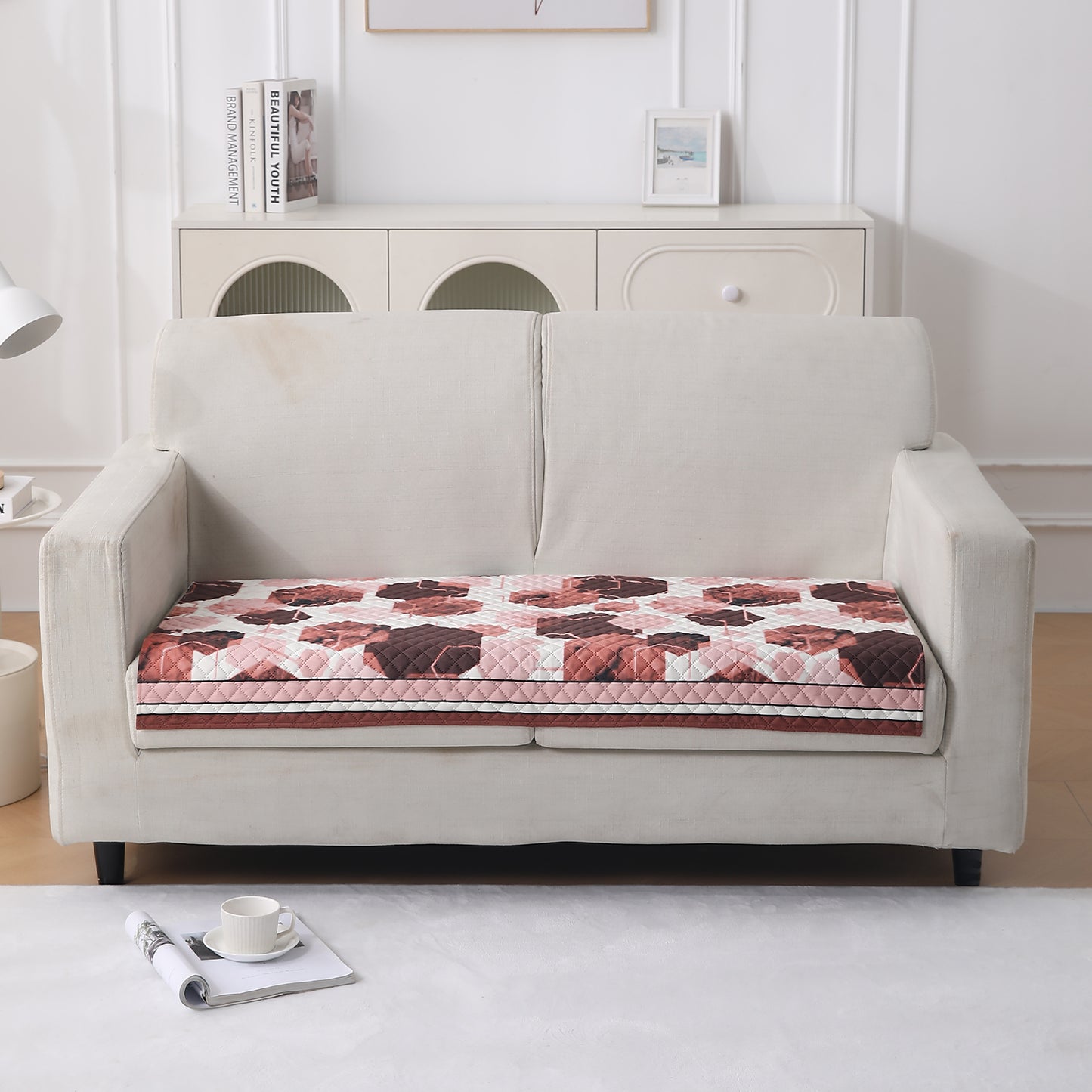 LiefNest Printed Holland Velvet Sofa Mat with Foam Filling - Geometric Hexagon Cider Red for 1/2/3 Seater & Armrest