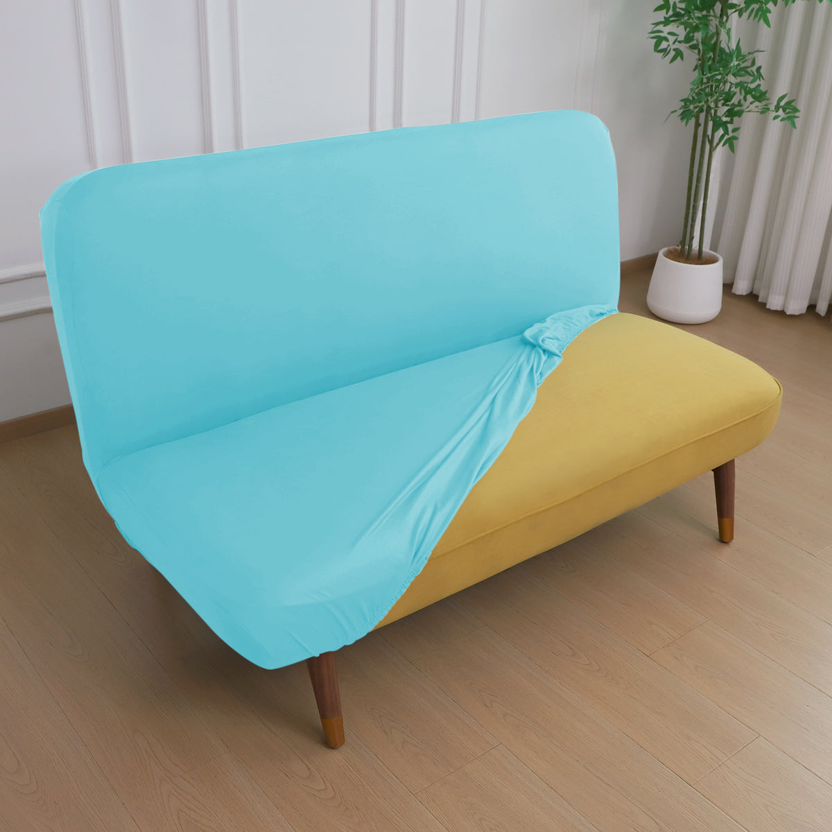 SereneSolids Stretchable Elastic Armless Sofa Cover – 140 GSM, Futon Slipcover, Easy Fit, Sky Blue