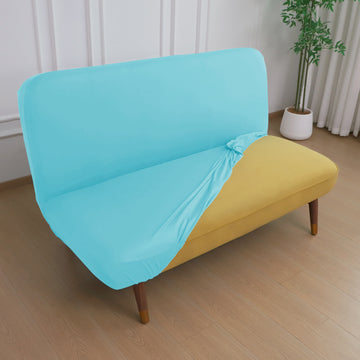 SereneSolids Stretchable Elastic Armless Sofa Cover – 140 GSM, Futon Slipcover, Easy Fit, Sky Blue