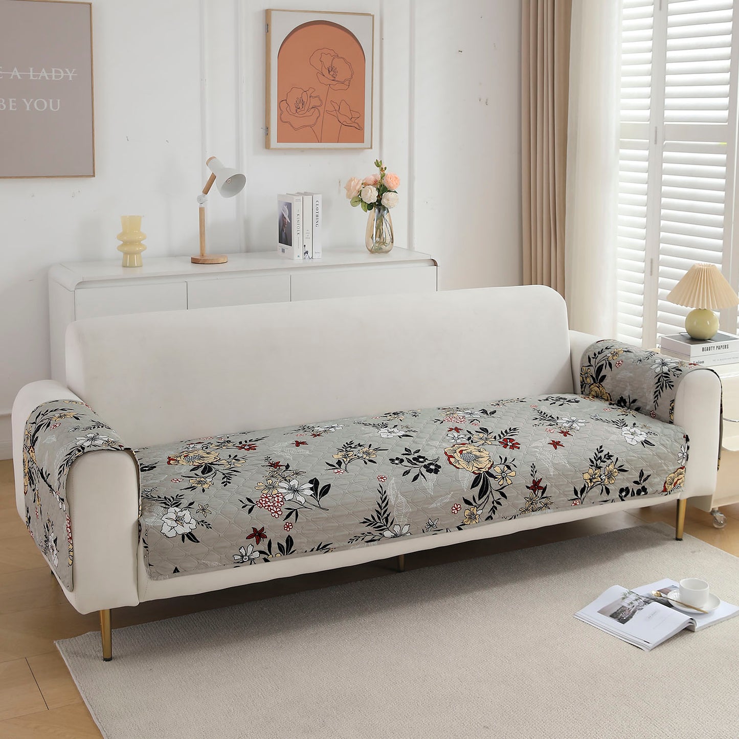 Quilted Sofa Seat Mat with Two Armrest Covers with Pockets for 1/2/3 Seater Sofa, Floral Ash Grey