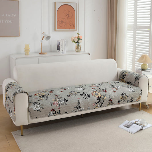 Quilted Sofa Seat Mat with Two Armrest Covers with Pockets for 1/2/3 Seater Sofa, Floral Ash Grey