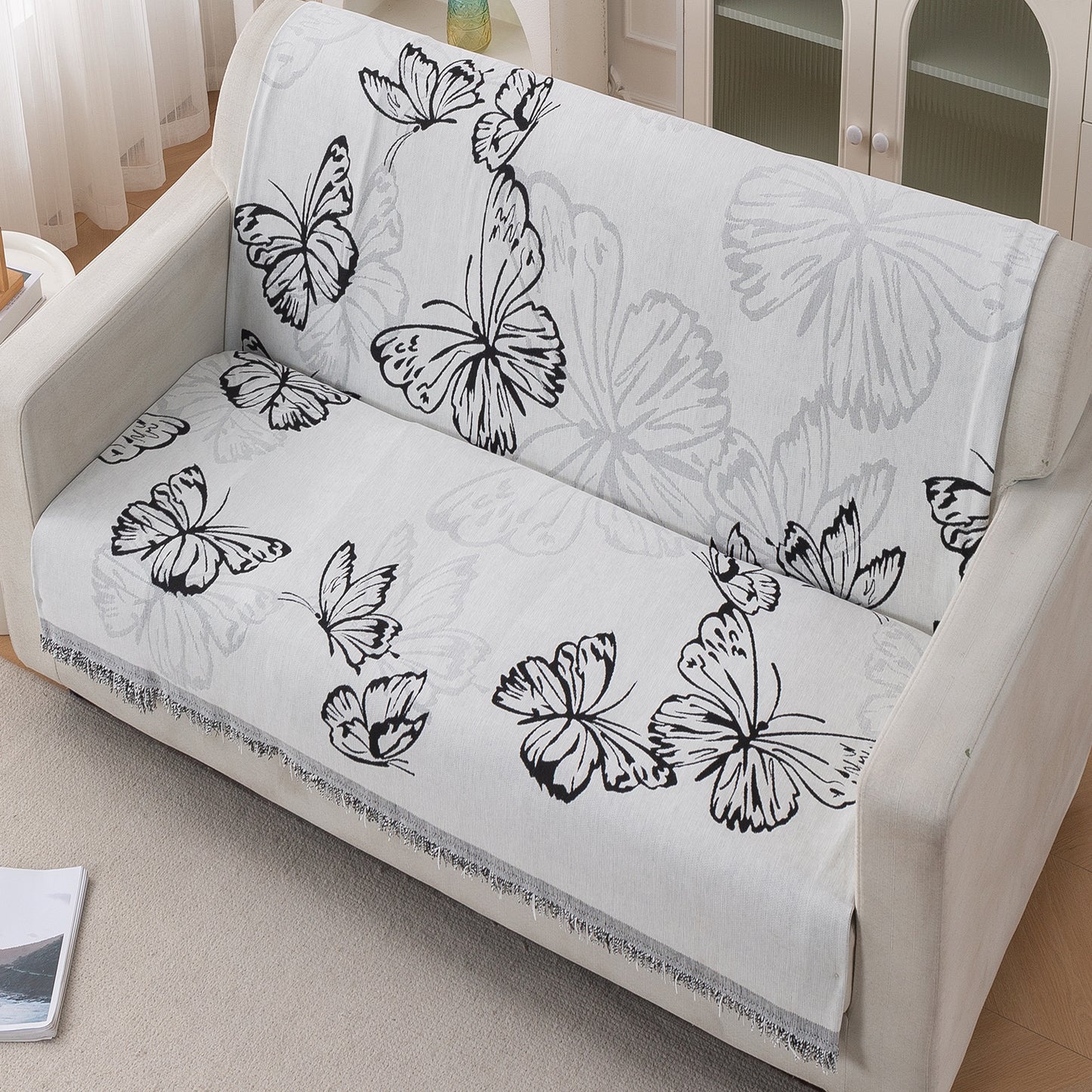 Premium 320 GSM Chenille Sofa Cover 'Serene Abode Series', Monochrome Butterfly