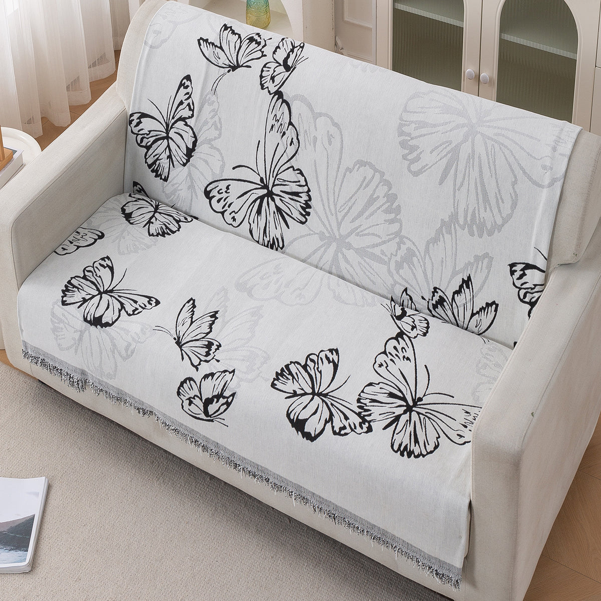 Premium 320 GSM Chenille Sofa Cover 'Serene Abode Series', Monochrome Butterfly