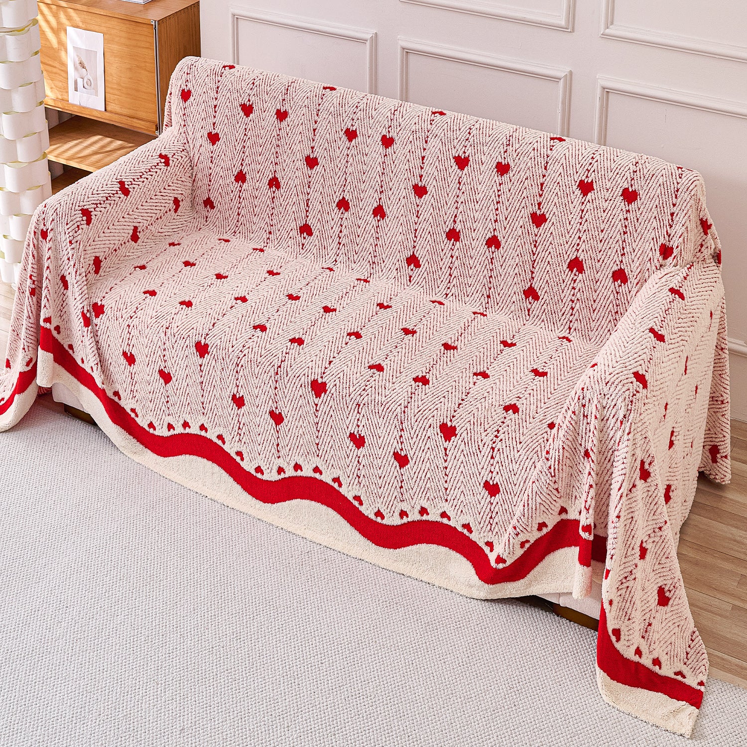 Buy Cherry Cream Colour Cozy Heart Series Luxury Plush Fleece Sofa Throw | HOKIPO