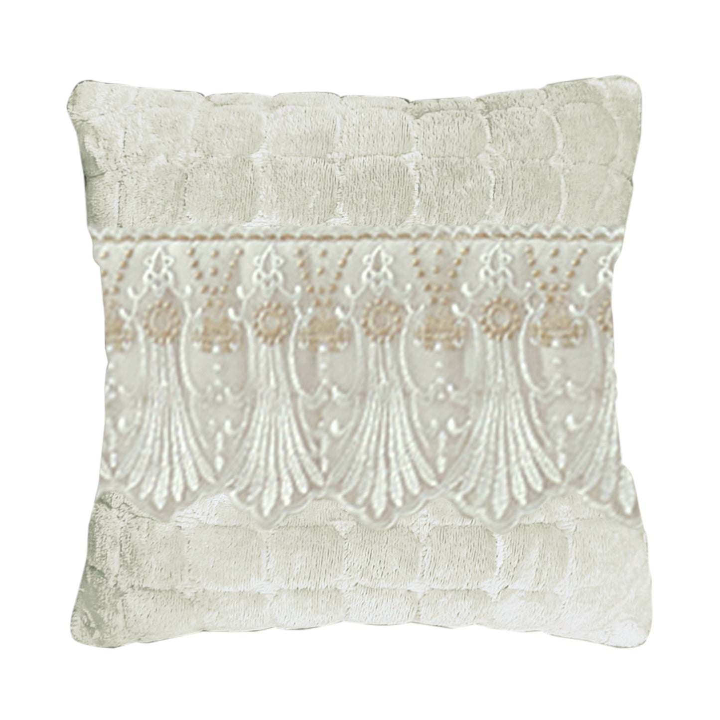 Premium Milk Velvet Sofa Cushion Cover with Lace Design, Pearl White