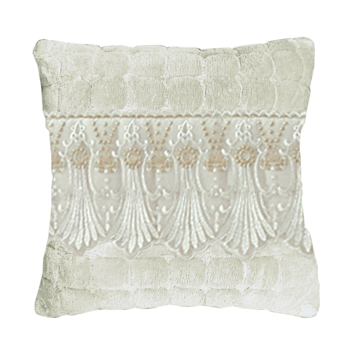 Premium Milk Velvet Sofa Cushion Cover with Lace Design, Pearl White