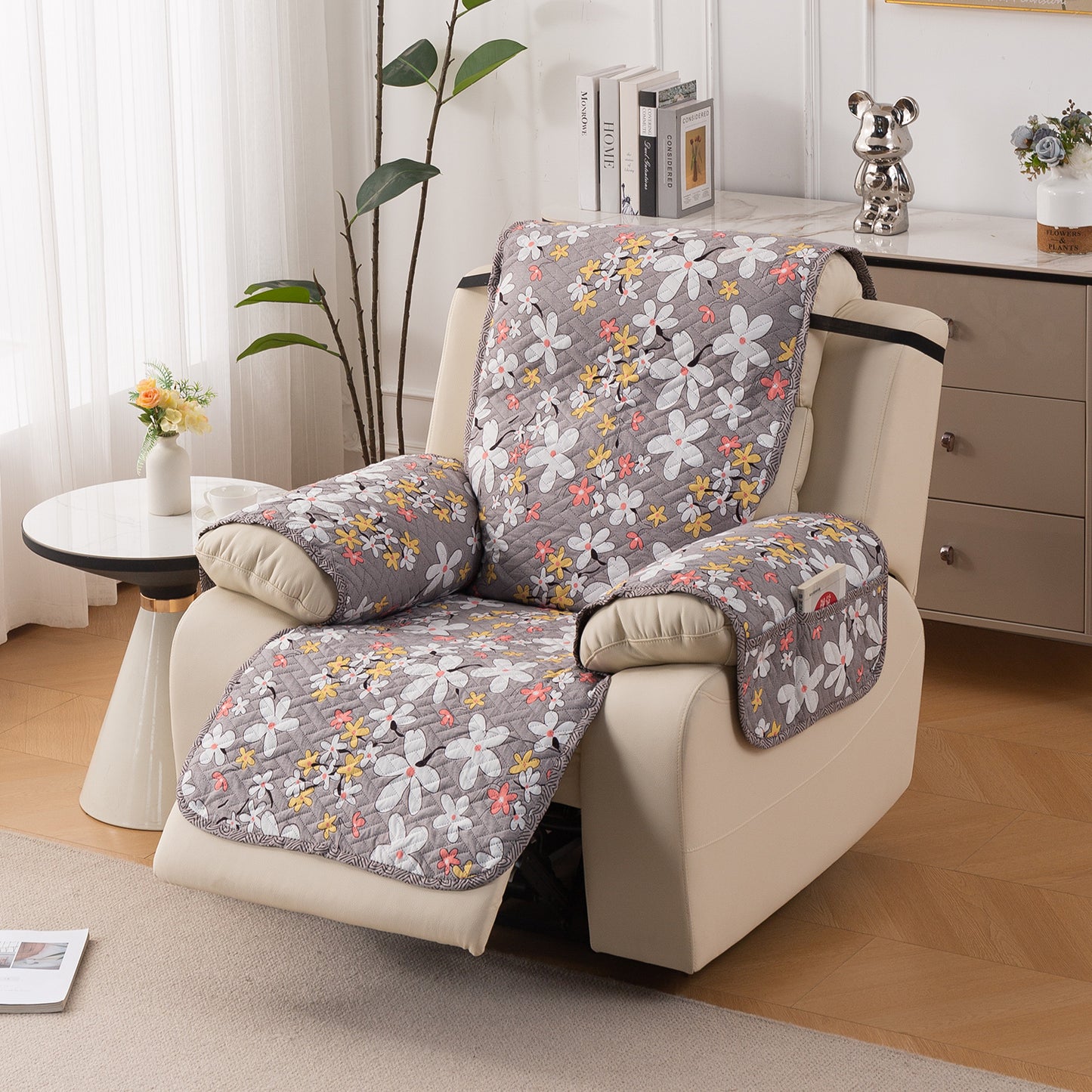 Quilted Cover for Recliner Sofa with SecureFit Belt & Side Pocket, Pastel Brown Sandwort Flower