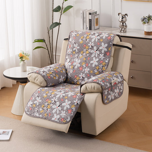 Quilted Cover for Recliner Sofa with SecureFit Belt & Side Pocket, Pastel Brown Sandwort Flower